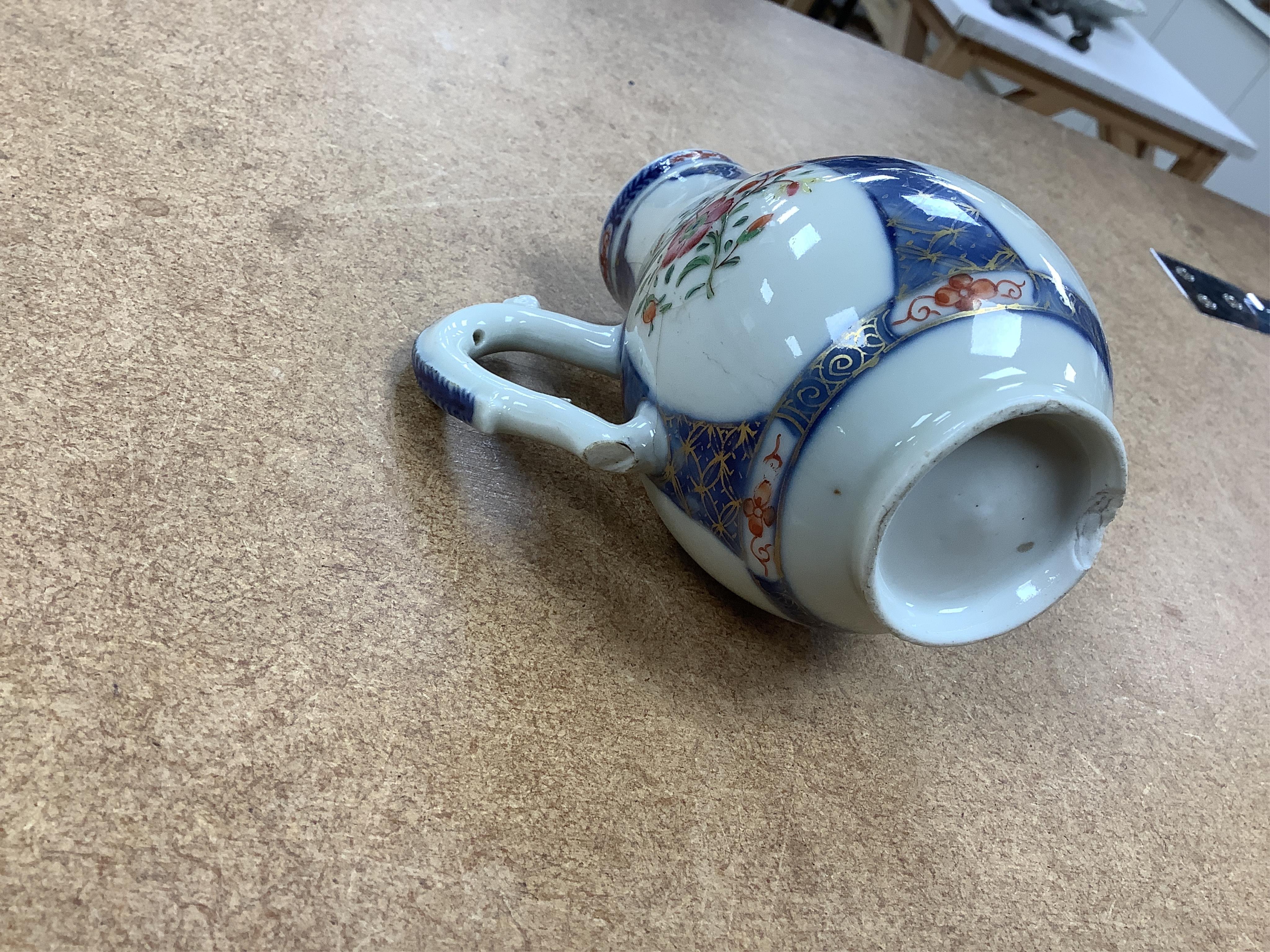 Two 18th century Chinese export porcelain jugs, a pair of famille rose plates made for the Thai market and a Japanese floral bowl, 24cm. Condition - varies